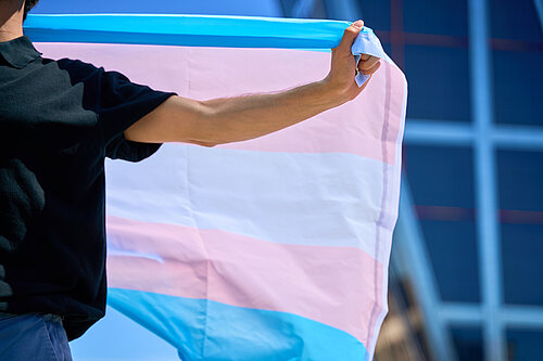 Someone holding a trans rights flag